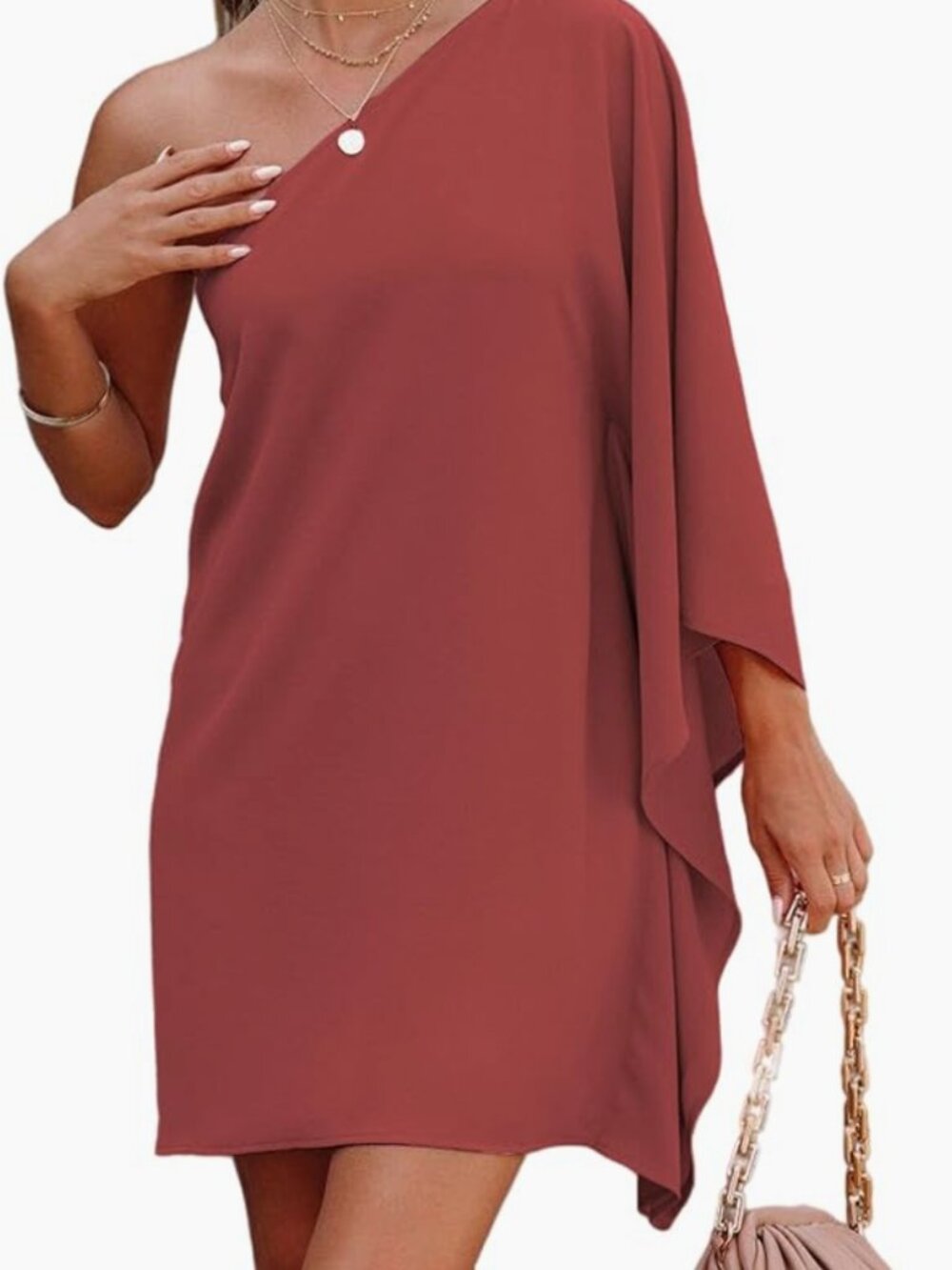 Jhsnjnr One Shoulder Batwing Sleeve Mini Dress - Rust/Burnt Orange - Size M